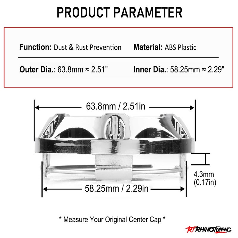 RTRHINOTUNING Set of 4 64mm(2.52in)/57mm(2.2in) Wheel Center Caps Silver Base for #C-243 Mk5 Wheel Rims - Image 2